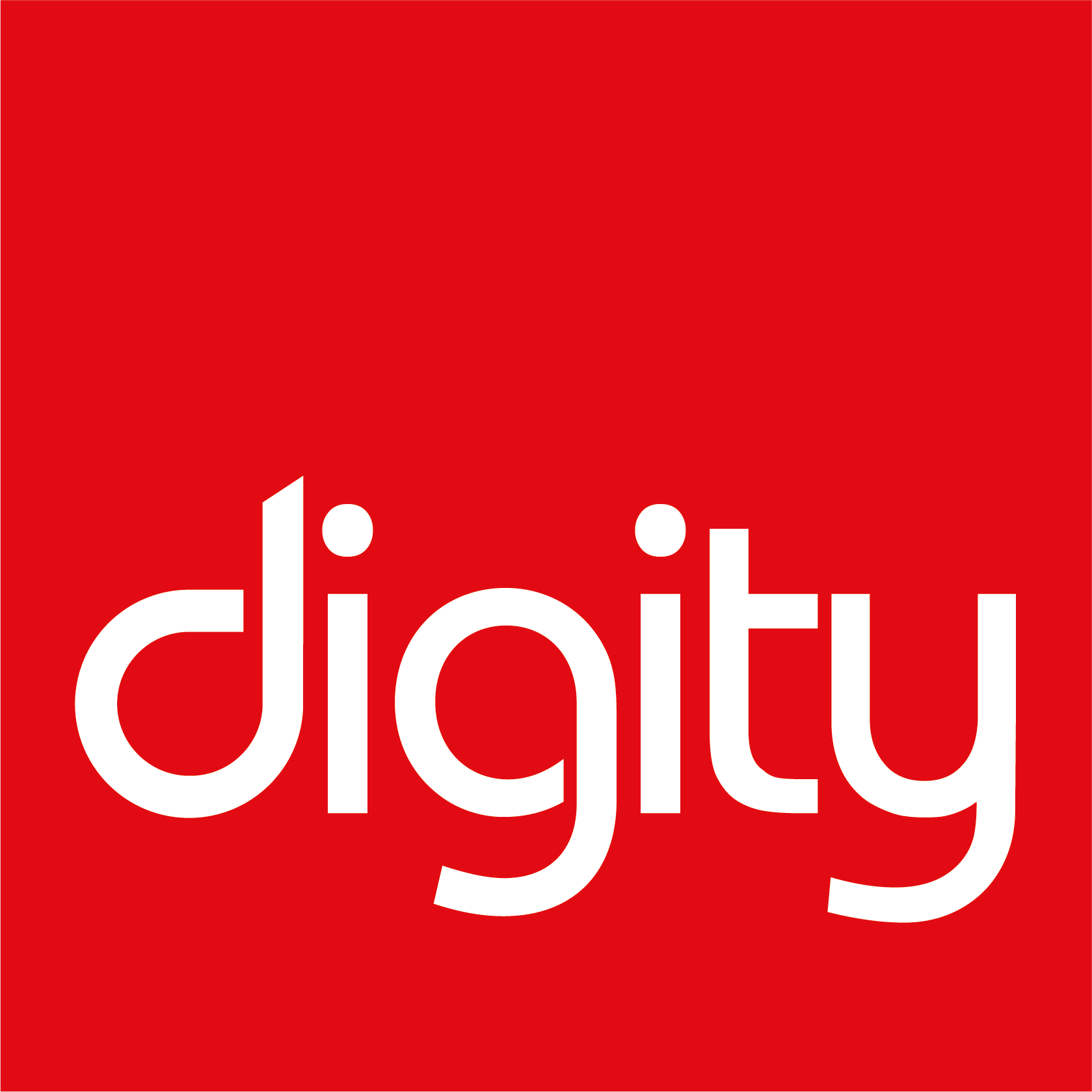 A red background with the word digity in white letters