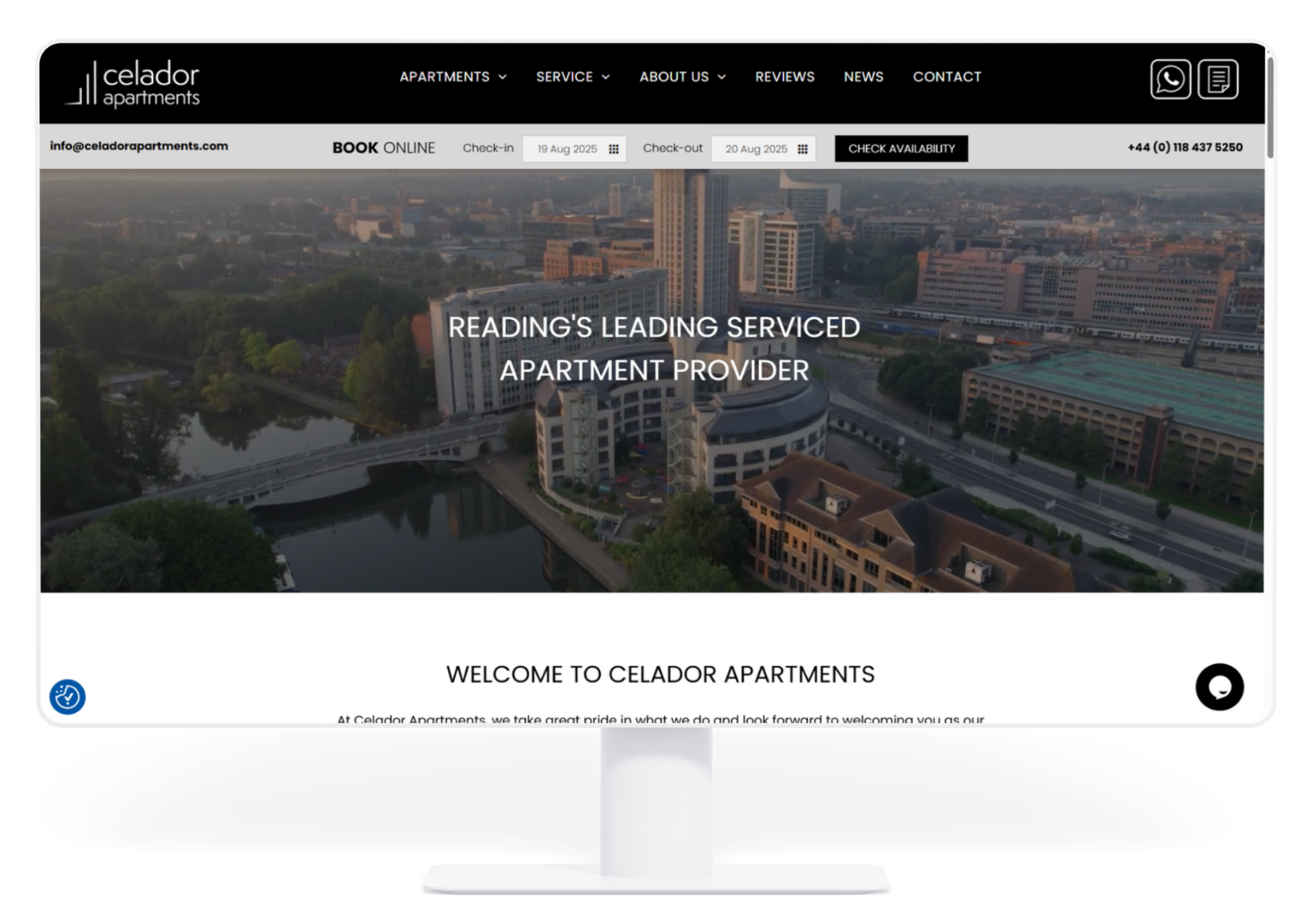 Celador Apartments website on a computer screen.