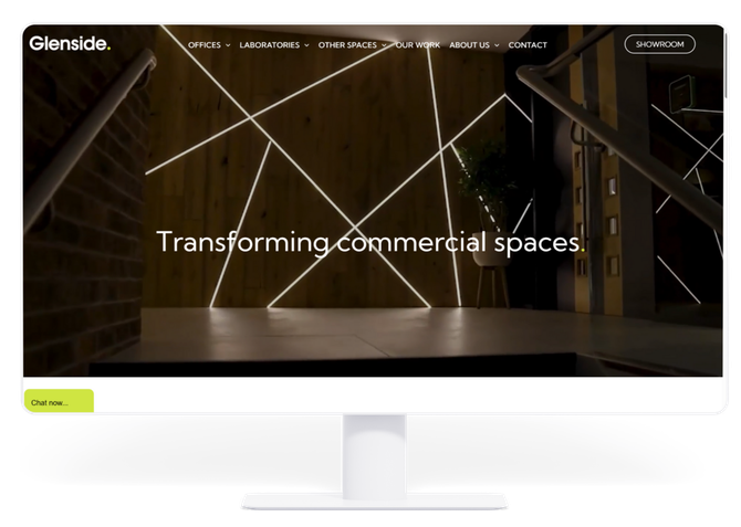 Website landing page for Glenside, showing a modern interior design with geometric lighting.