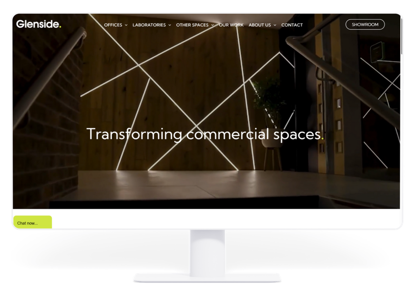 Website landing page for Glenside, showing a modern interior design with geometric lighting.