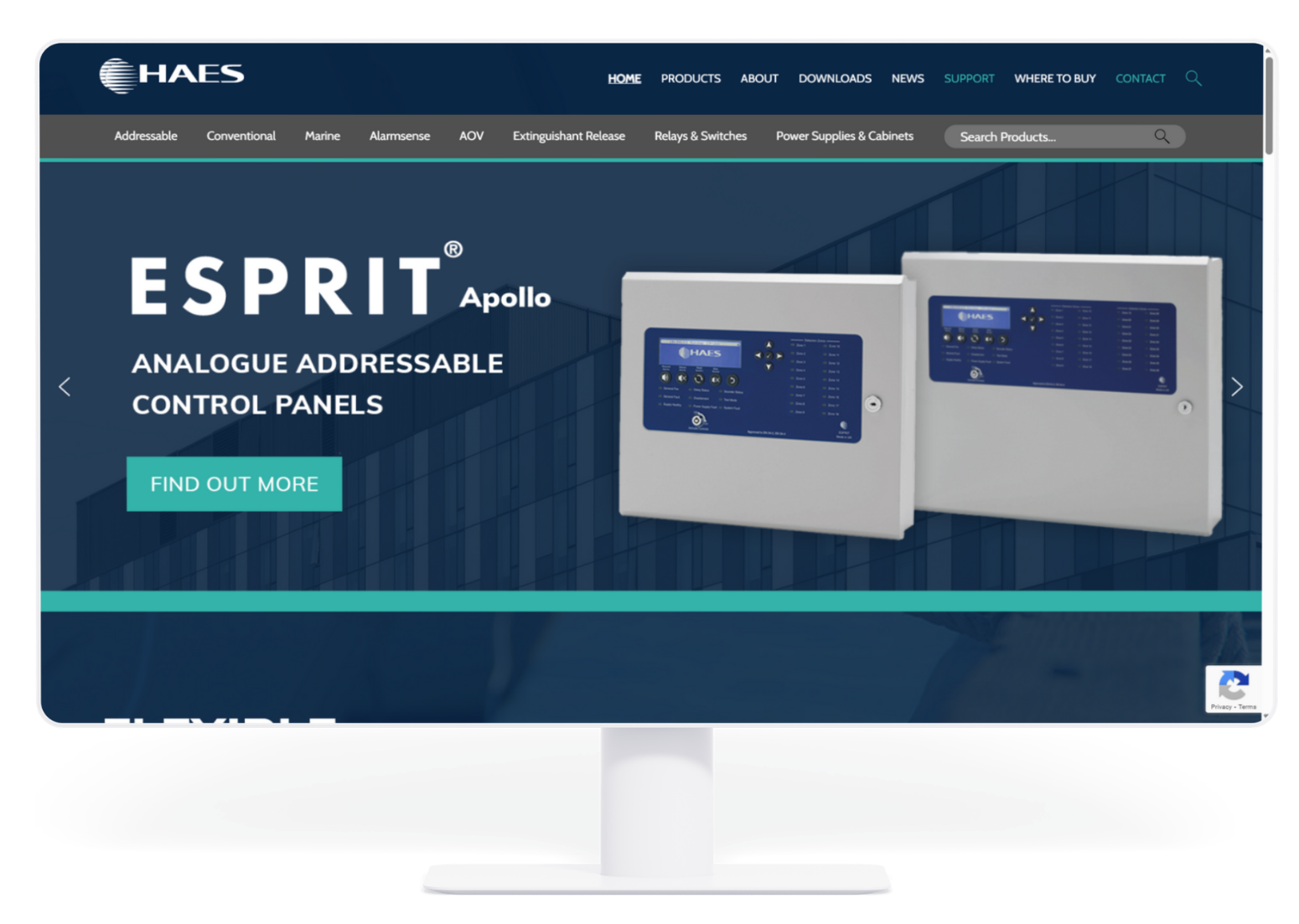 HAES website showcasing ESPRIT Apollo addressable control panels on a desktop monitor.