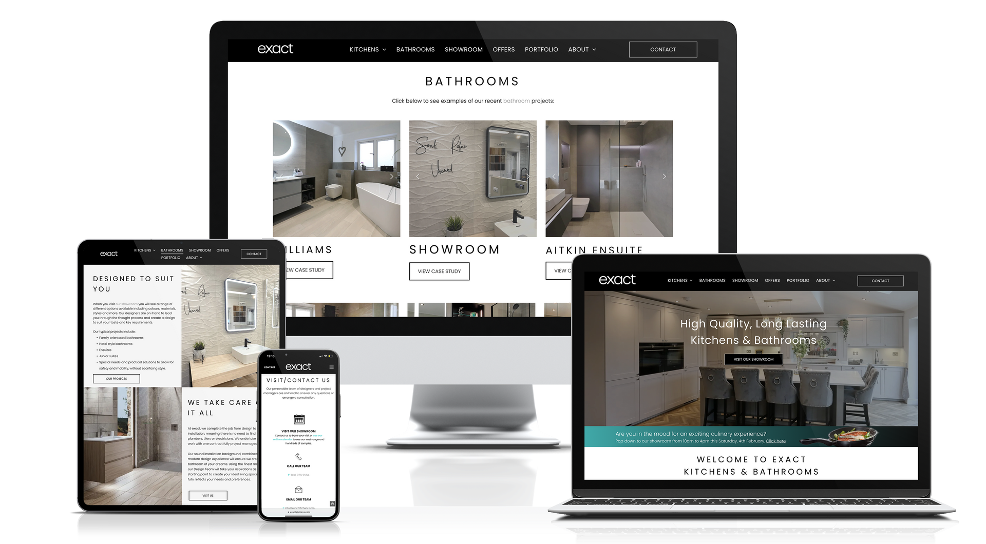 A computer , laptop , tablet , and phone are displaying a website.