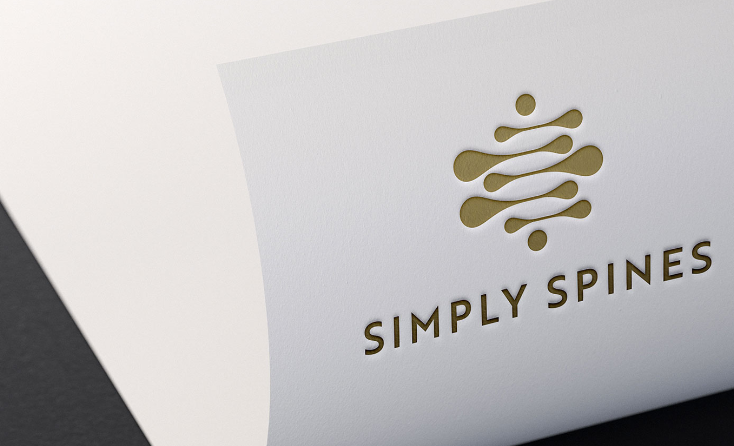 Gold logo "Simply Spines" on white card, curved at the corner, against black background.