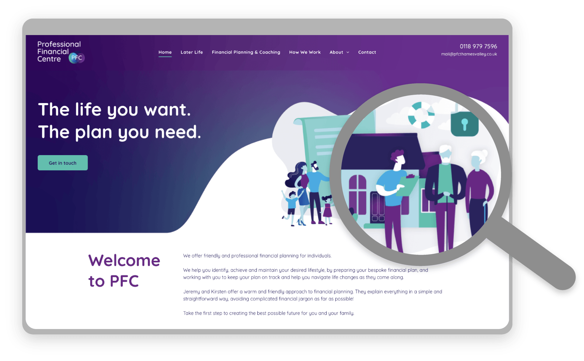 A magnifying glass is looking at a purple website.