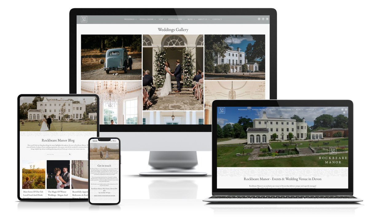 A computer , tablet , laptop and phone are displaying a wedding website.