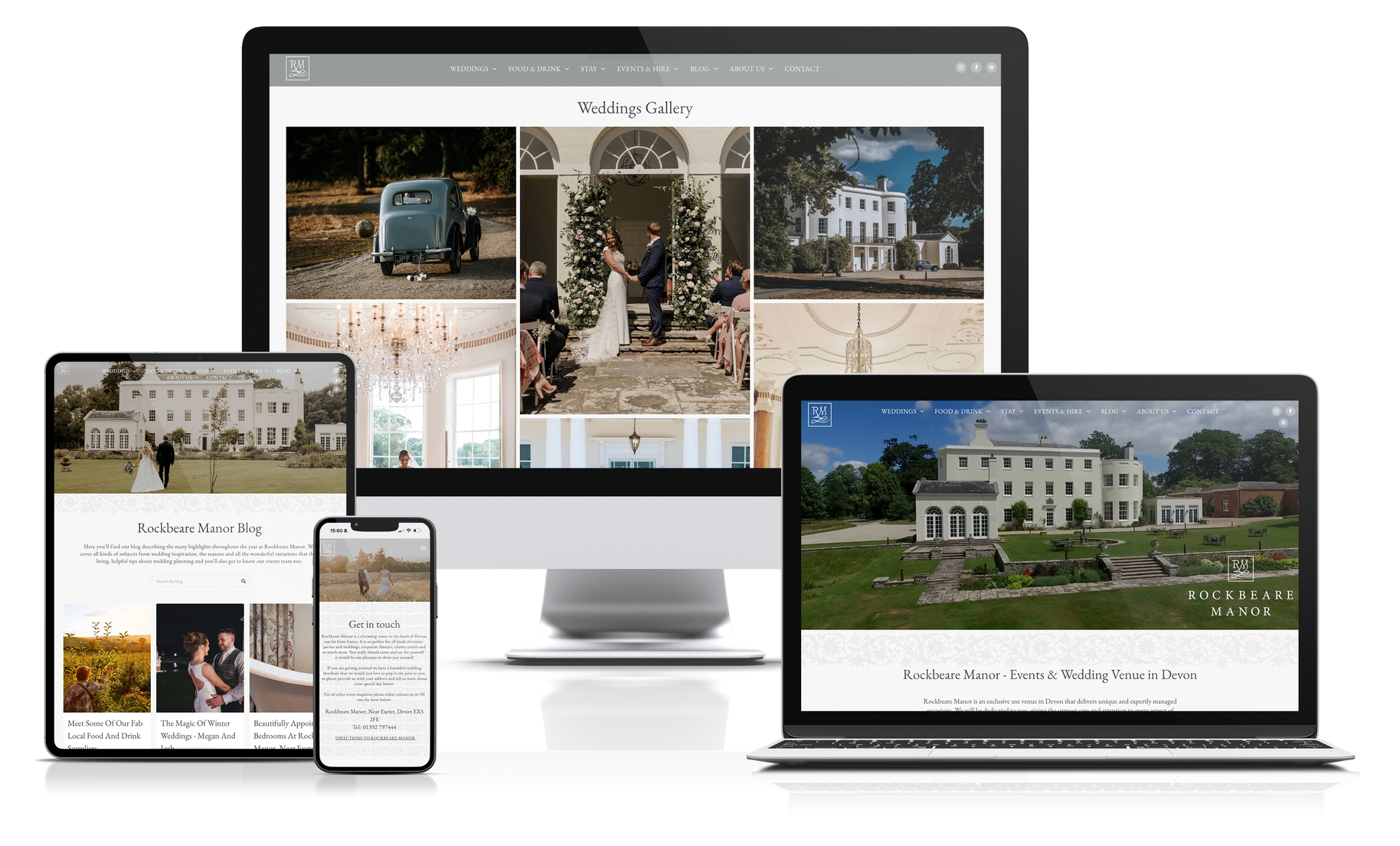 A computer , laptop , tablet , and phone are displaying a wedding website.  Digity Marketing 