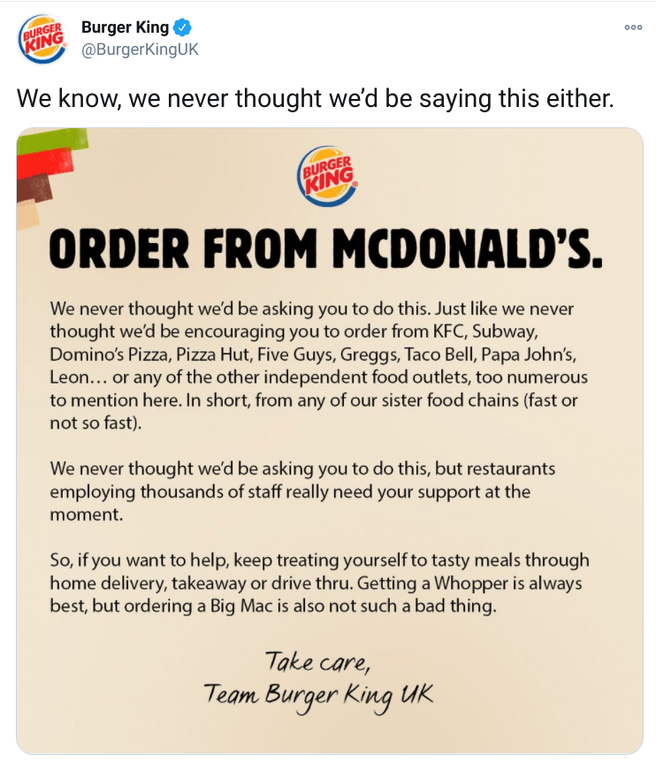 A burger king tweet asking people to order from mcdonald 's.