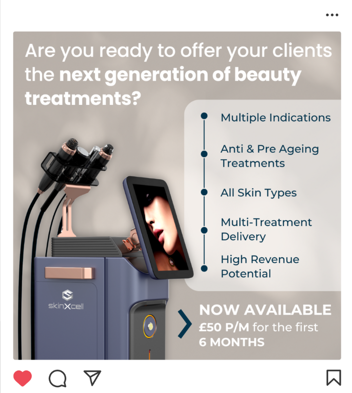 Advertisement for beauty treatments: device with treatment heads, lists benefits, and offer of £50/month for first 6 months.