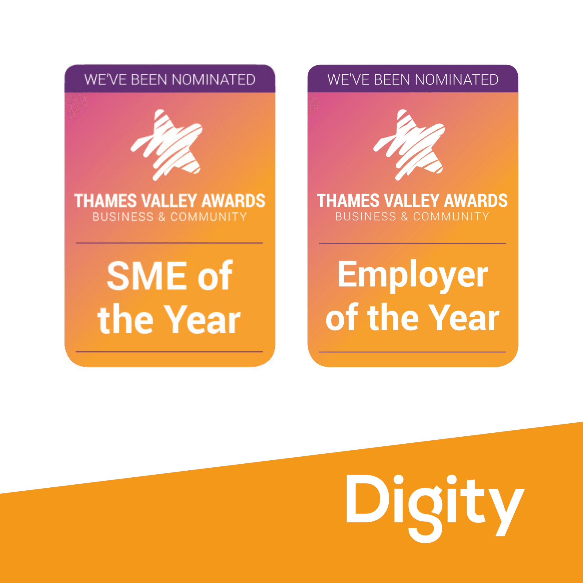 Two stickers that say sme of the year and employer of the year