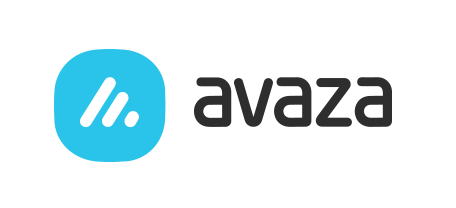 A blue and black logo for avaza on a white background.