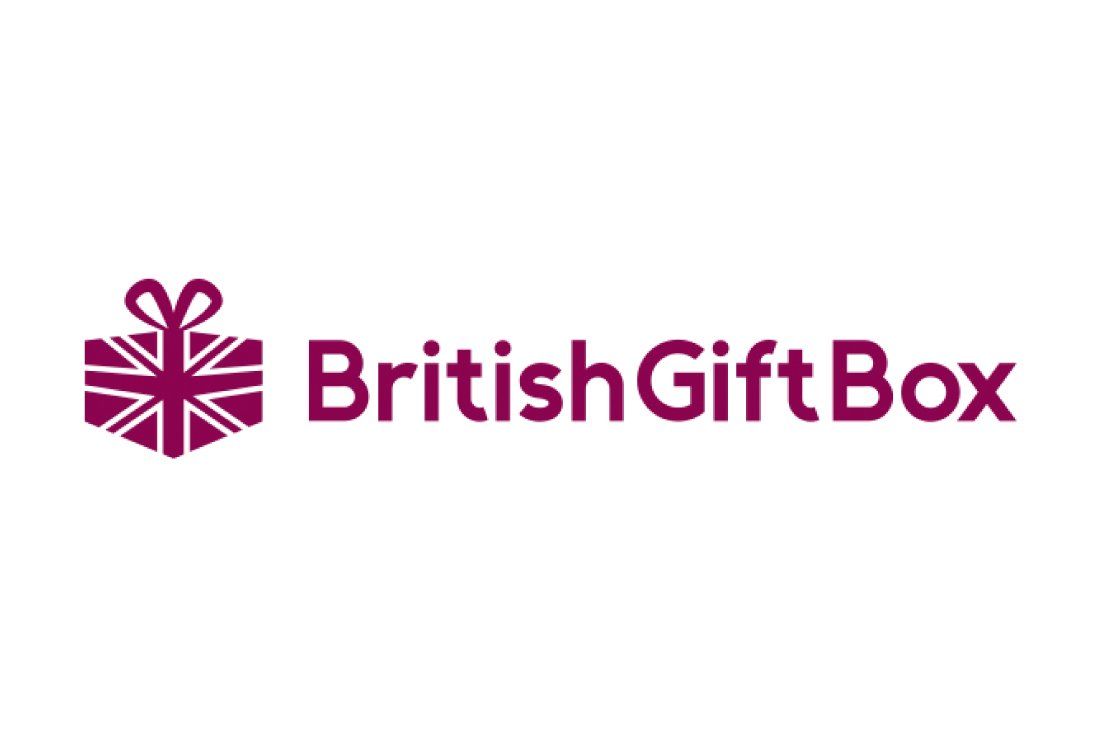 the british gift box logo is purple and has a british flag on it .