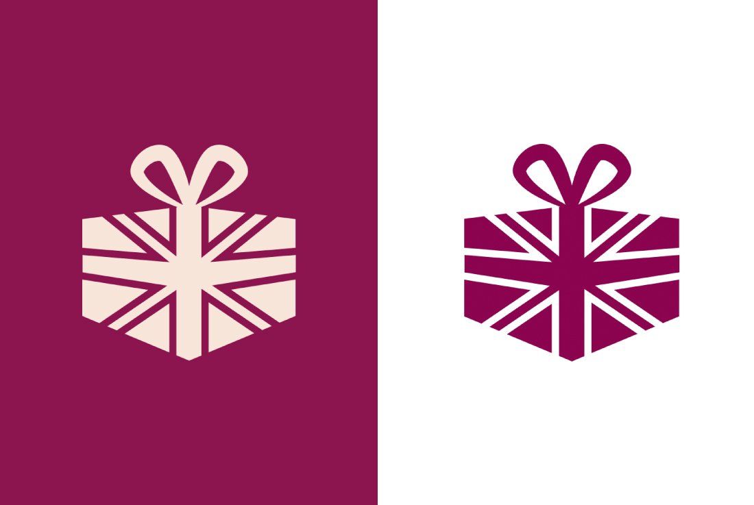 a purple and white logo of a gift box with a british flag on it .