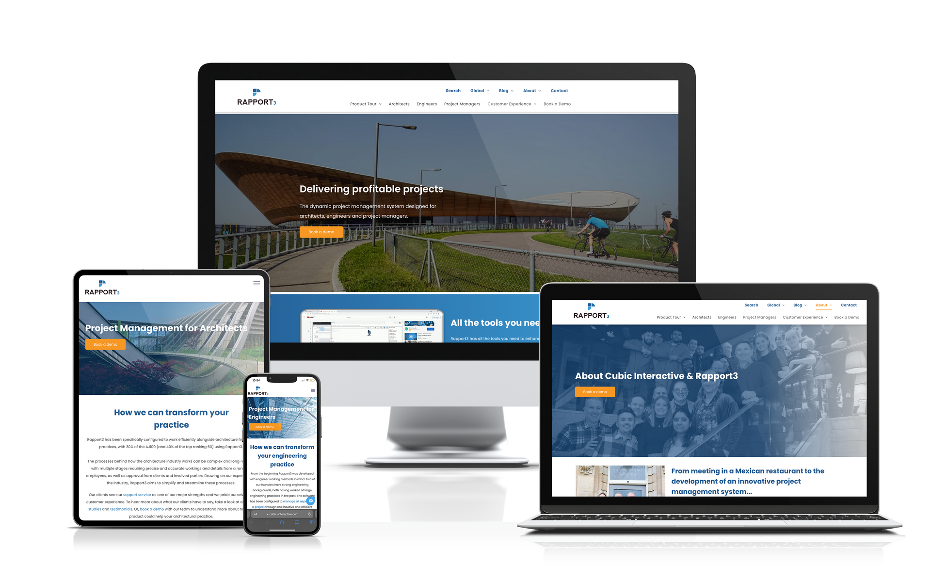 A computer , laptop , tablet , and phone are displaying a website.