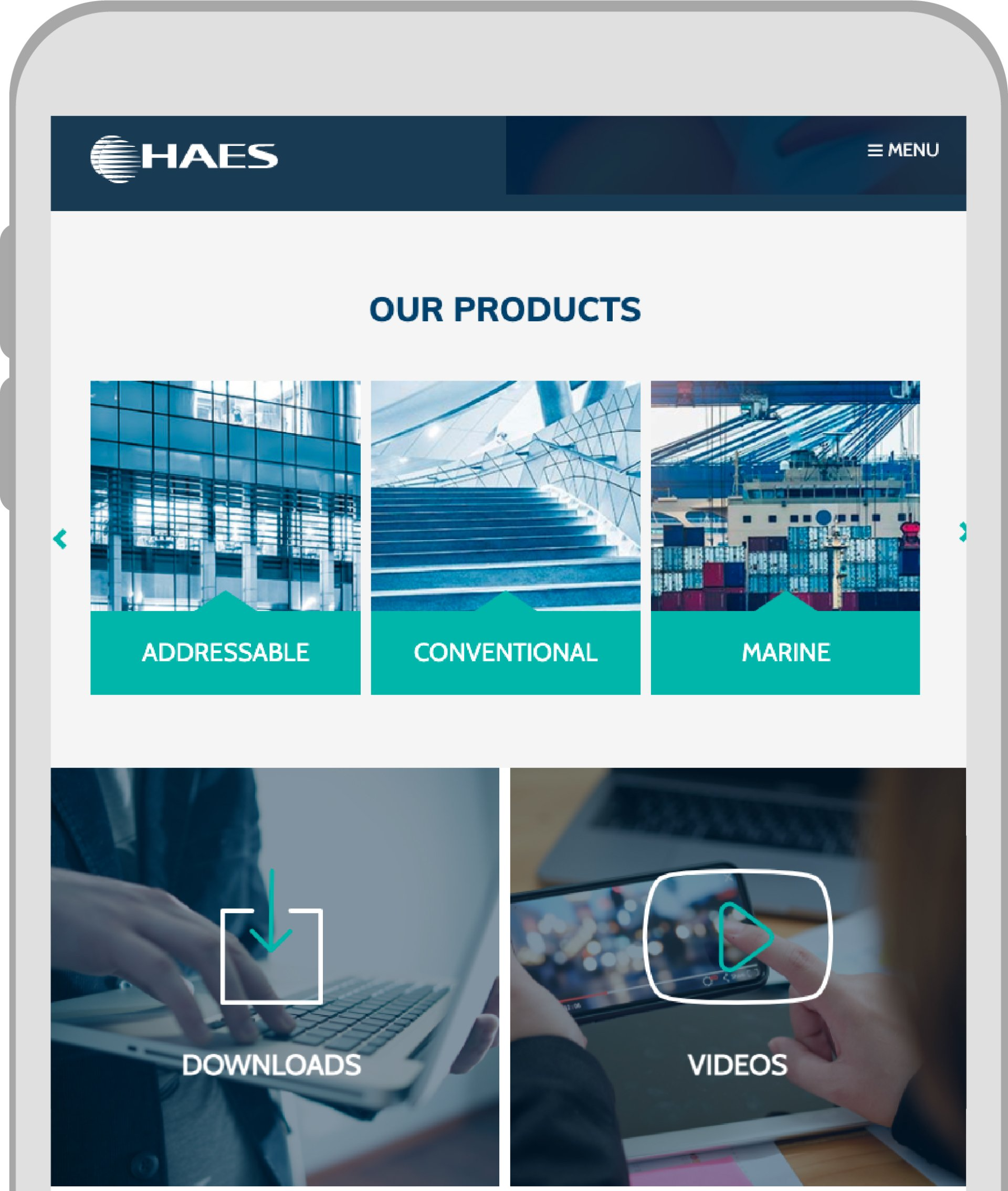 a tablet screen shows a website for a company called haes