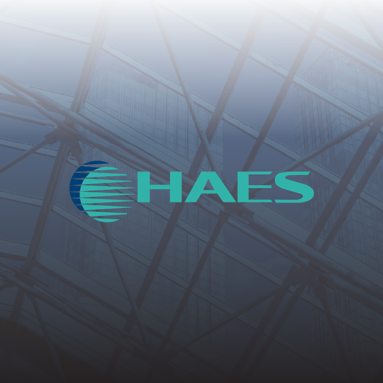 A haes logo is displayed on a dark background