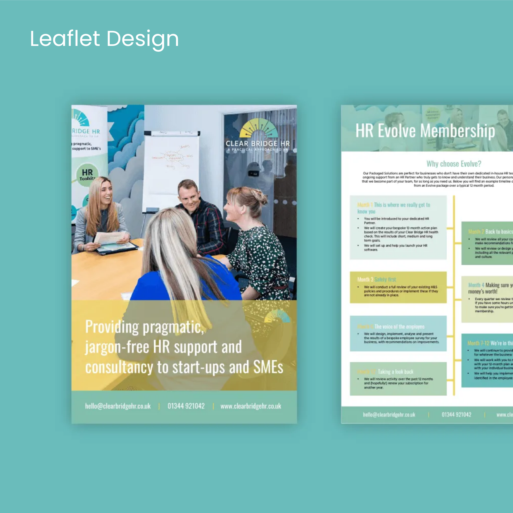 Leaflet design: front page with team meeting, back page with membership details; teal background.