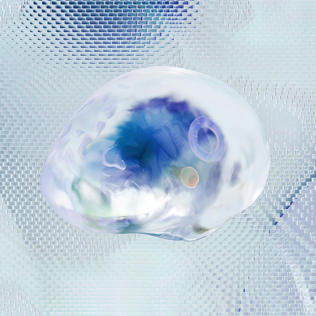A translucent, stylized human brain with blue and white internal color gradients, set against a grid-like digital background.