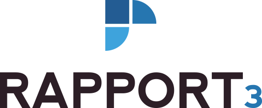 A logo for rapport 3 with a blue triangle on a white background.