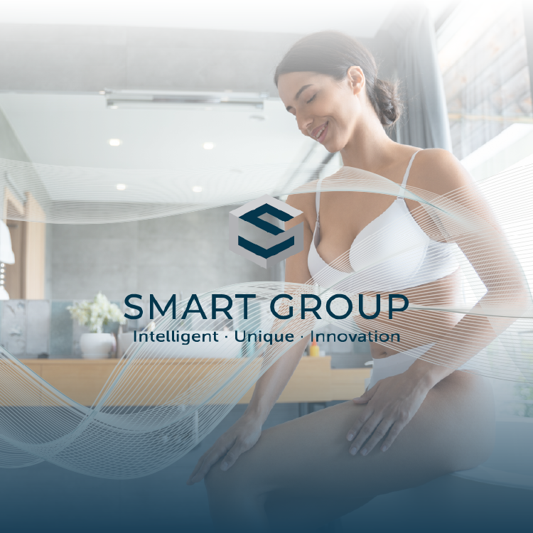 A woman in a white bra is sitting in front of a smart group logo.