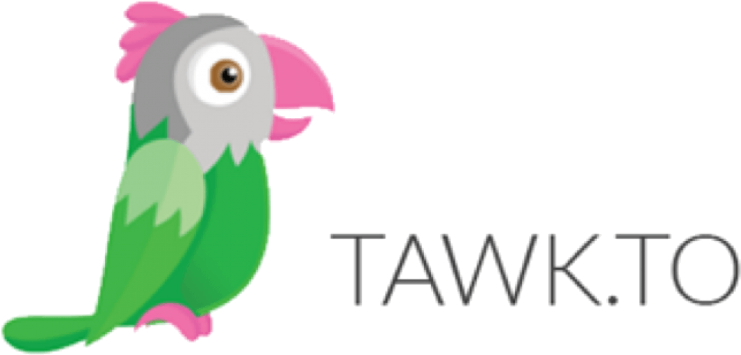 A logo for tawk.to shows a green parrot with a pink beak