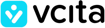 The logo for vcita is a blue and black logo with a heart.