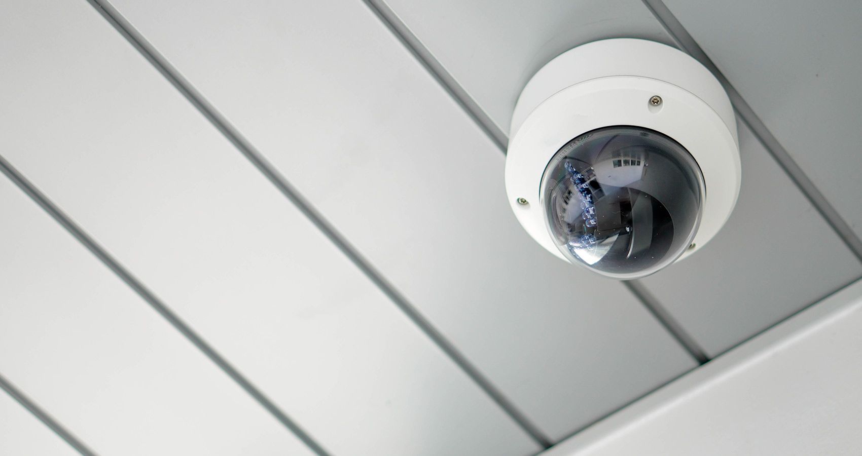 White Dome Security Camera Mounted On A Light Gray Ceiling, Angled View — Stewys Electrical and Communications In Tweed Heads, NSW