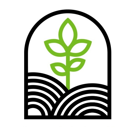A black and white logo with a green plant in the middle of a field.