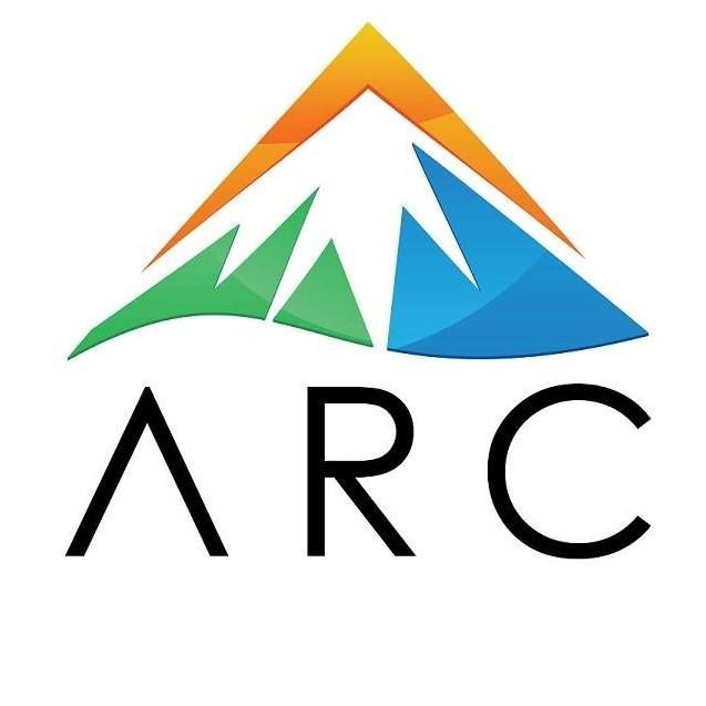 A logo for arc with a mountain in the middle