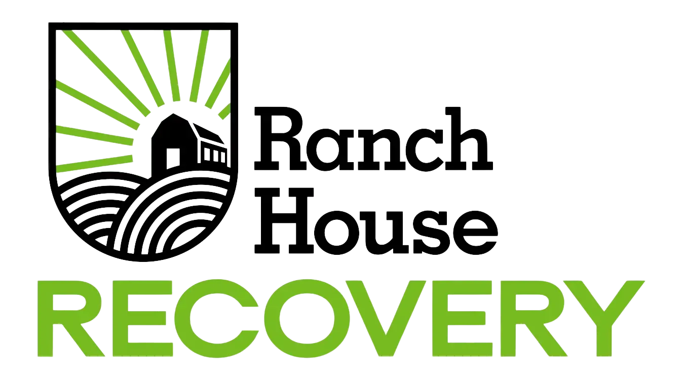 A logo for ranch house recovery with a ranch house in the middle of a field.