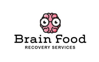 The brain food recovery services logo has a brain with glasses on it.