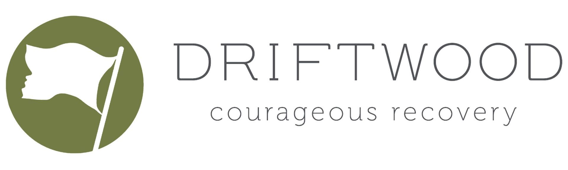 A logo for driftwood courageous recovery with a flag in a circle.