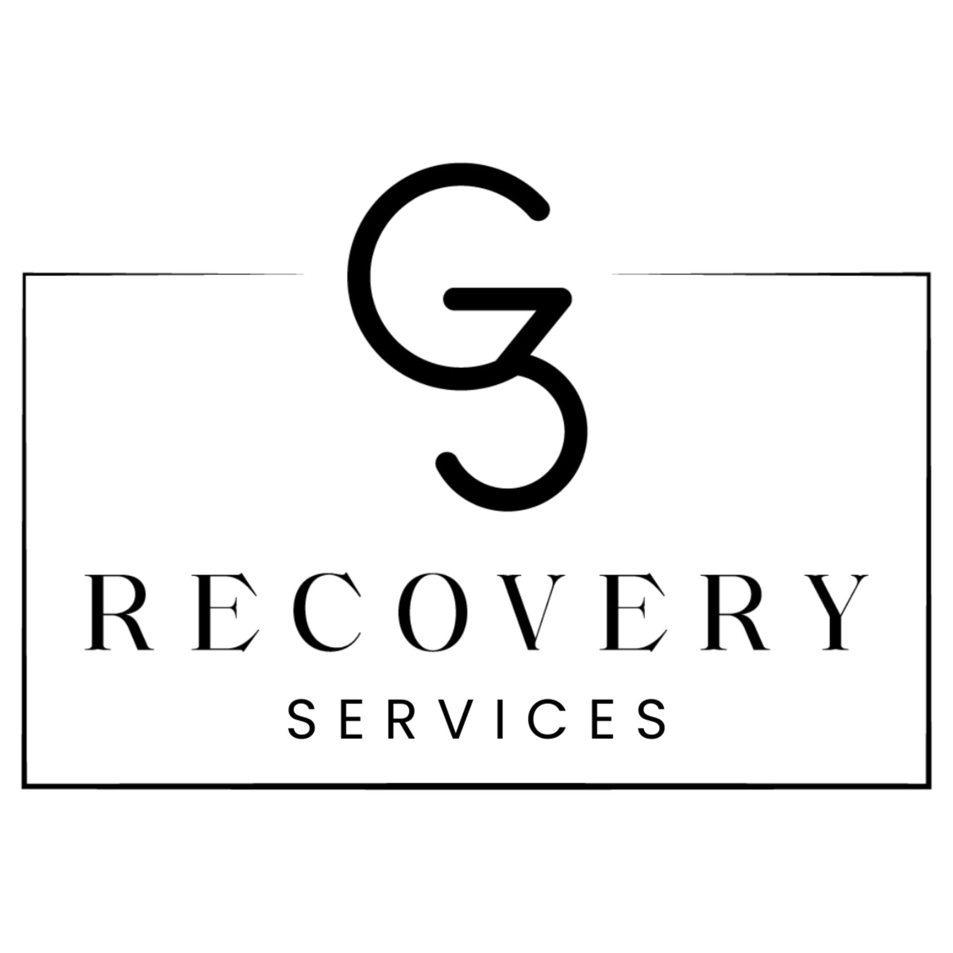 A black and white logo for a company called recovery services.