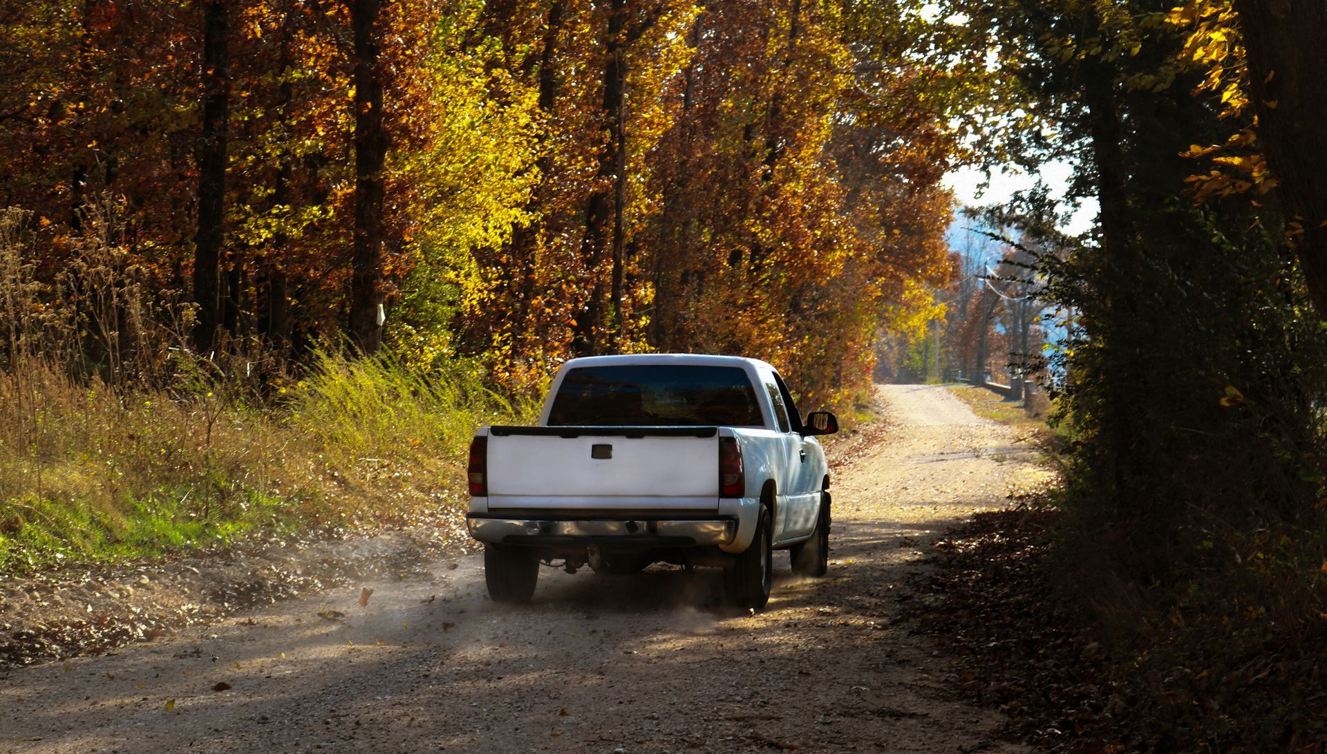 White pickup truck driving on a dirt road through autumn trees; dust clouds in its wake.