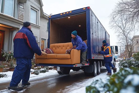 Two men are loading boxes into a moving truck.