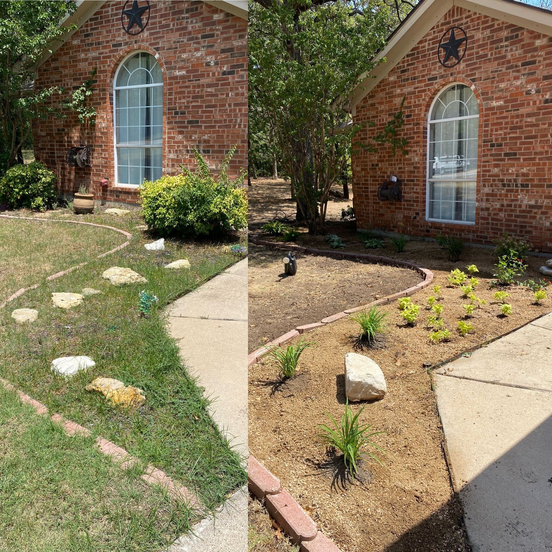 A before and after picture of a brick house with a garden in front of it.