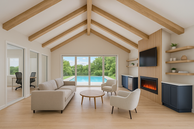 A dining room with a table and chairs and a ceiling fan at 150 West in Mooresville, NC.