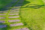 Stone pathway through green grass, with tree shadow.