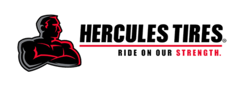 Logo for Hercules Tires: A muscular male silhouette in red, with company name and tagline 