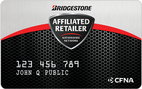 Bridgestone Affiliated Retailer credit card with a gray, black, and red design.