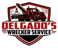 A logo for Delgado's Wrecker Service featuring a red tow truck inside a shield with the company name in bold text.