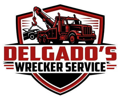 A logo for Delgado's Wrecker Service featuring a red tow truck inside a shield with the company name in bold text.