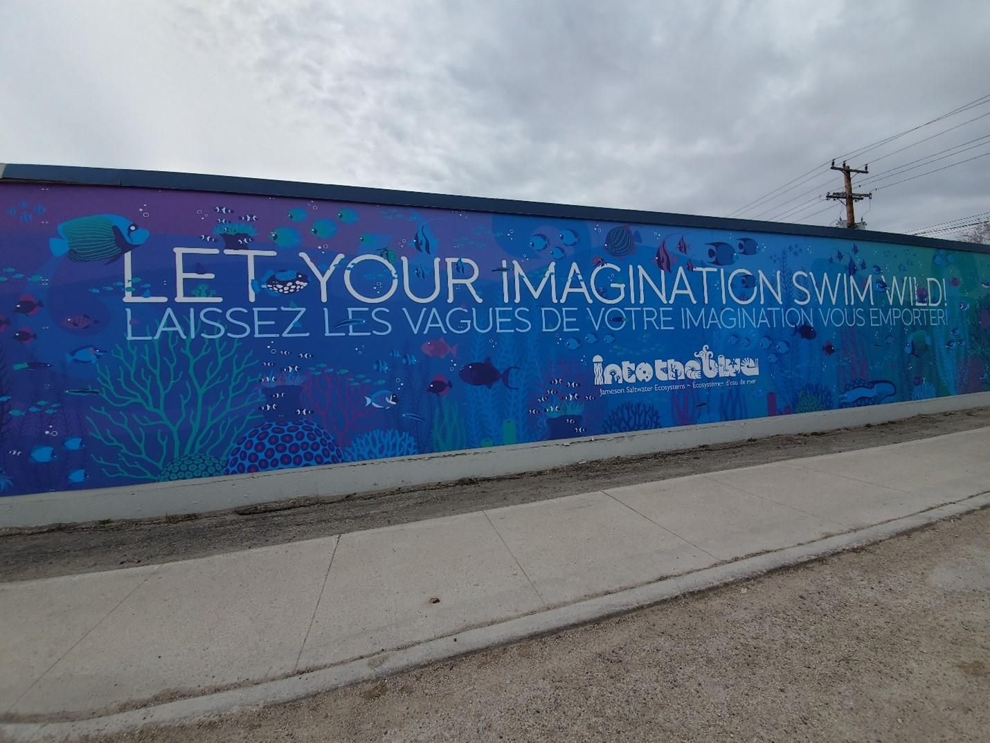 A mural on a wall that says let your imagination swim wild