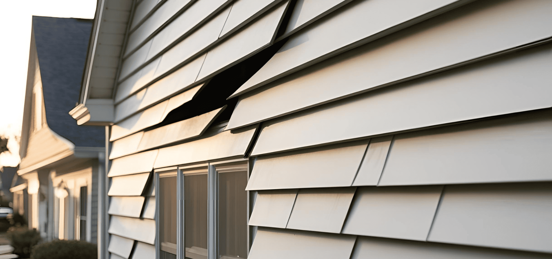 Poorly installed, misaligned siding with many gaps and loose panels