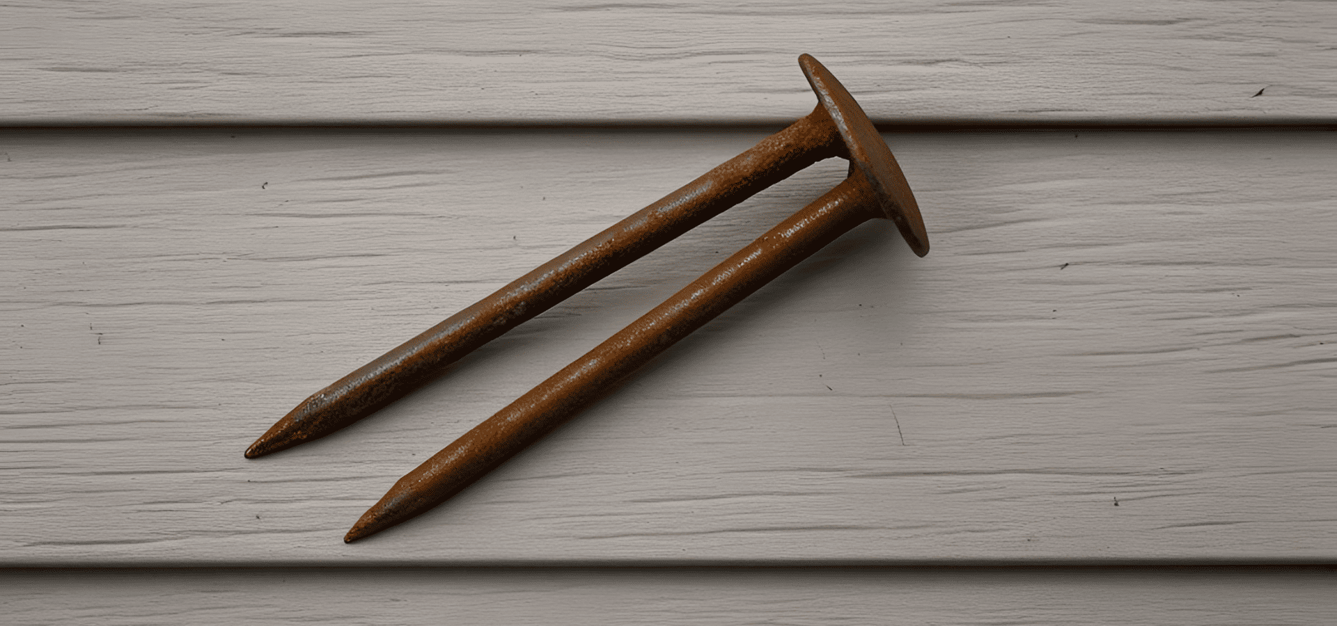 Rusty nails on painted wood siding