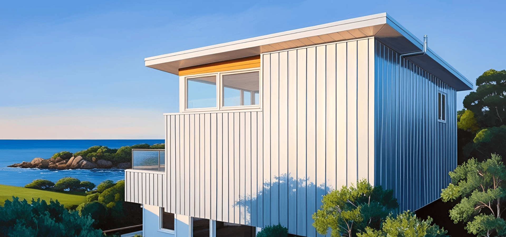 Metal siding on a coastal home painted with white exterior paint