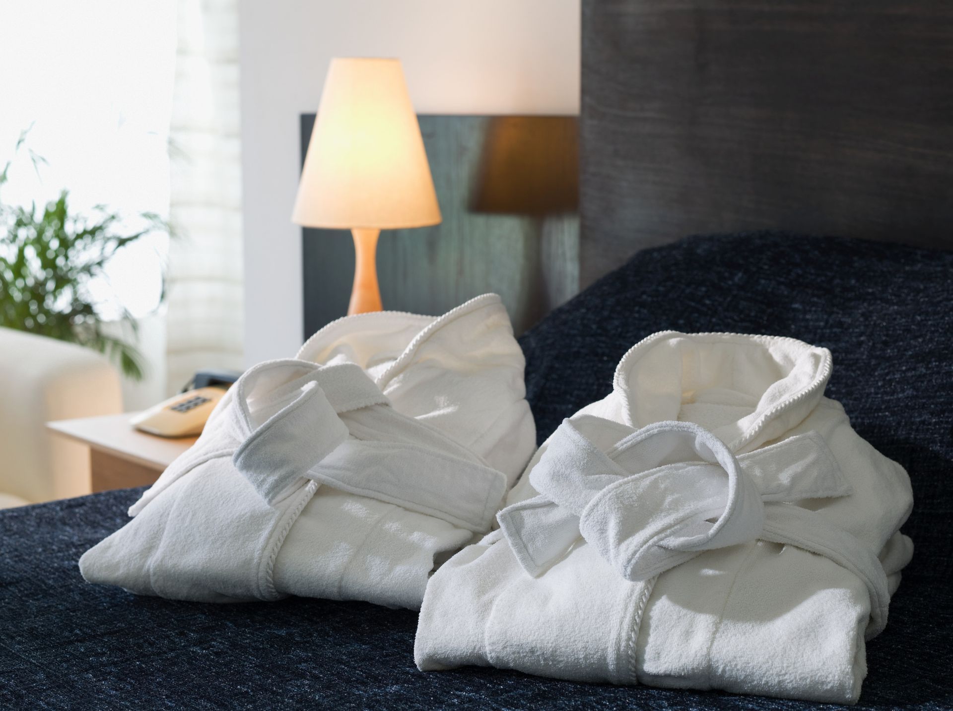 Due accappatoi bianchi in spugna su un letto blu scuro. Sullo sfondo una lampada e parte di un divano.