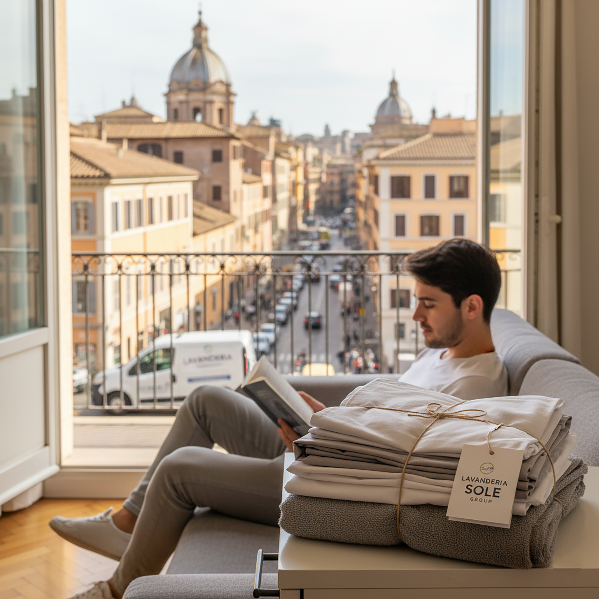 Un uomo legge sul divano davanti a una finestra aperta che si affaccia su una strada romana. Sul tavolo c'è una pila di tovaglie.