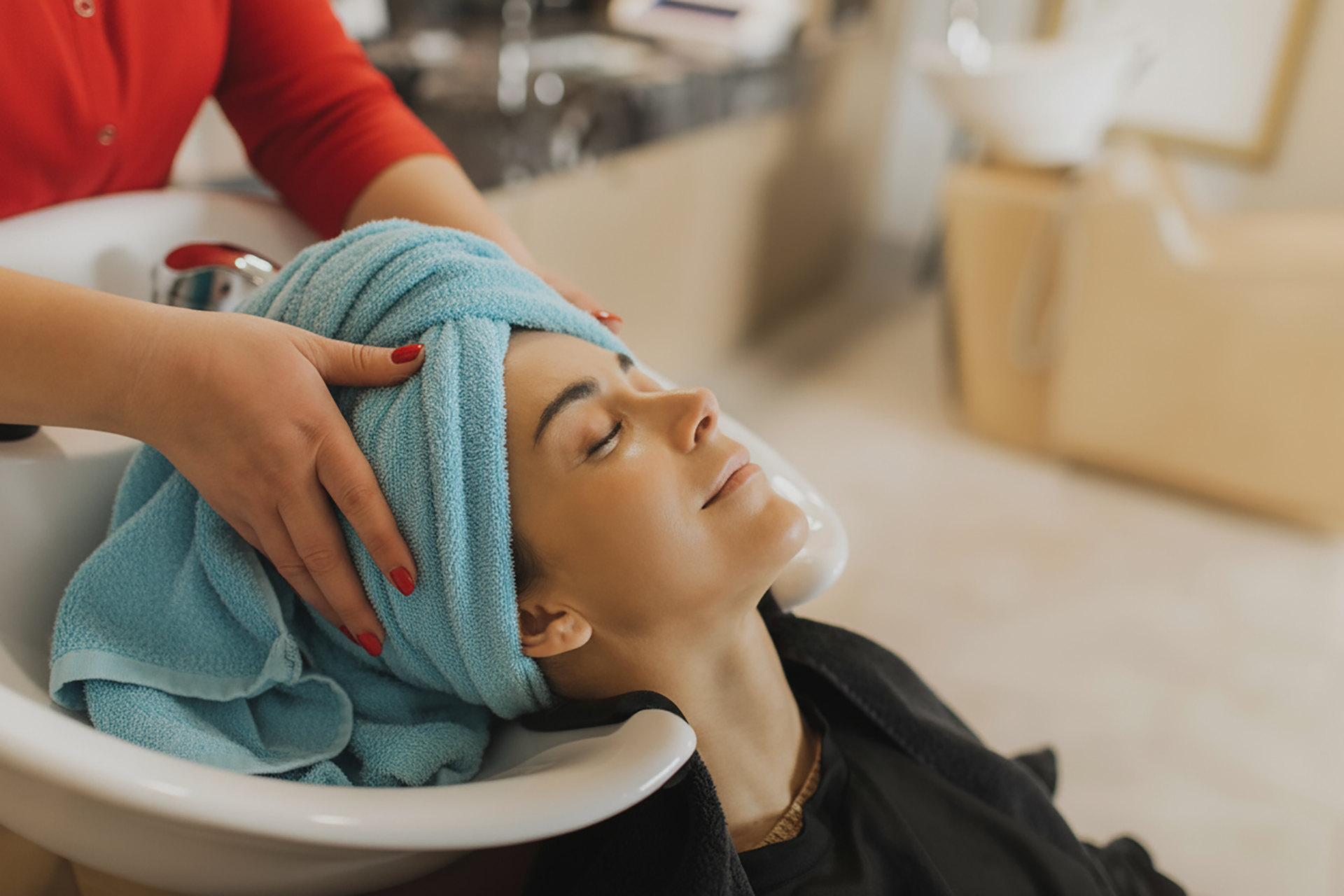 Donna che si fa lavare i capelli in un salone di bellezza; mani sulla testa, occhi chiusi, avvolta in un asciugamano blu.