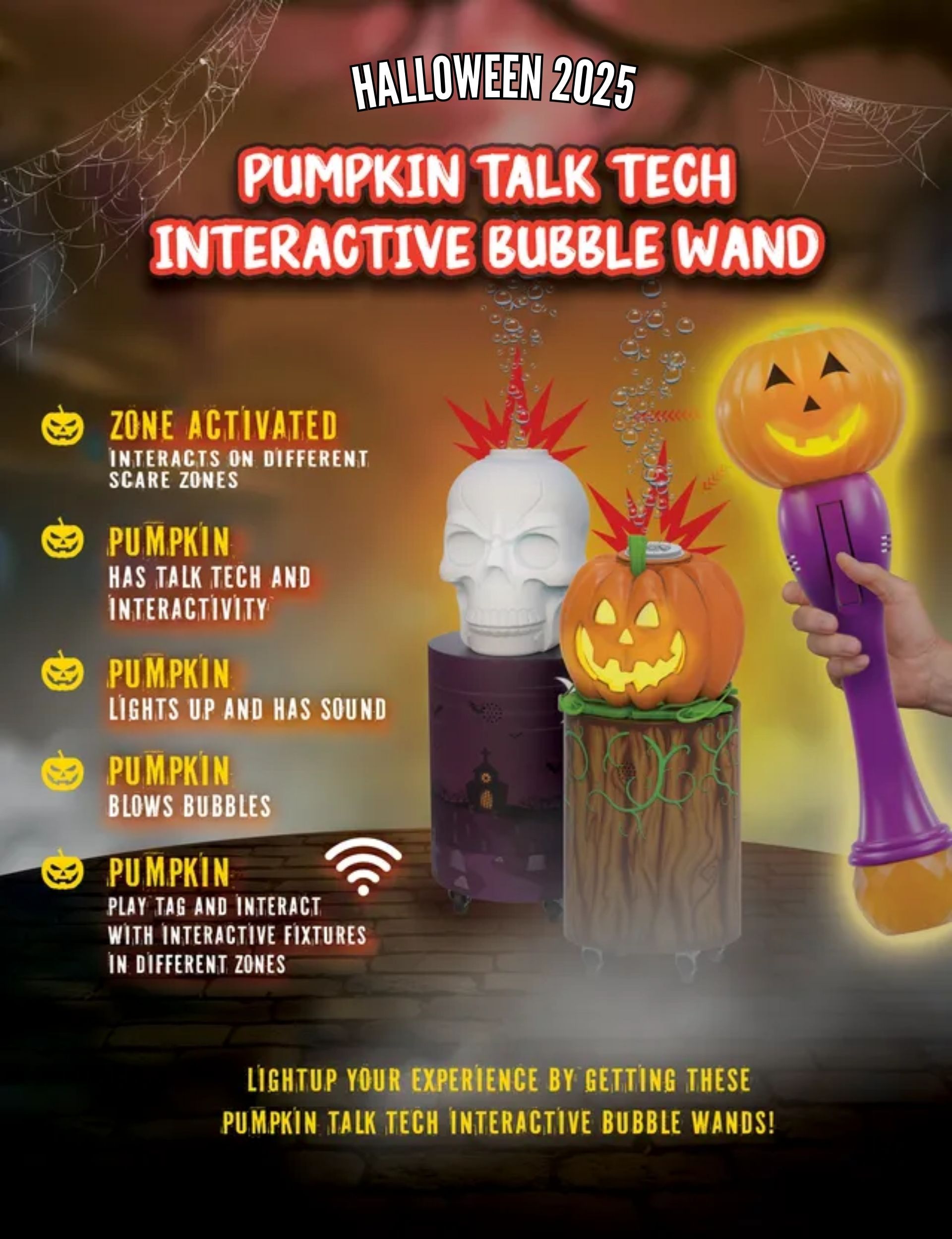 An advertisement for a pumpkin talk tech interactive bubble wand