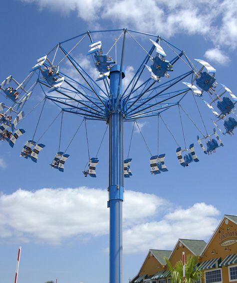 A blue airplane ride  with a blue sky in the background